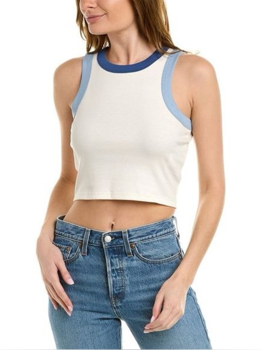 Madewell Brightside Cropped Tank Top XS Blue Trim Ribbed Cotton Fitted